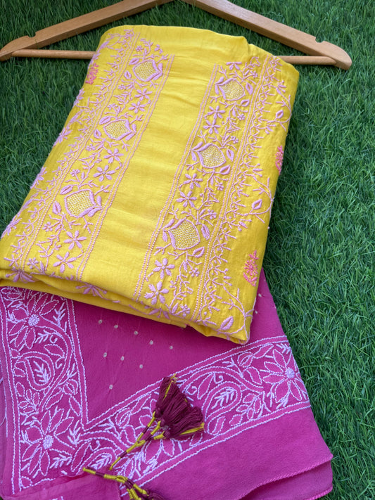 Chanderi Chikankari kurta with georgette dupatta