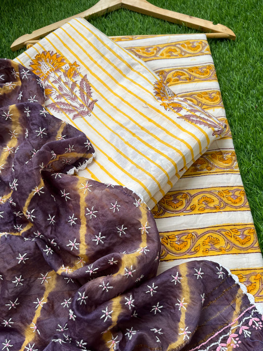 Chanderi Chikankari Dupatta with print kurta bottom Fabric