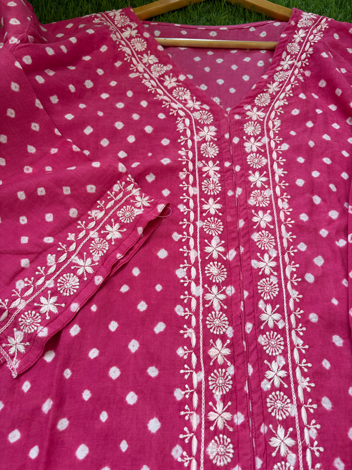 Cotton Bandhani chikan shirt and a-bottom