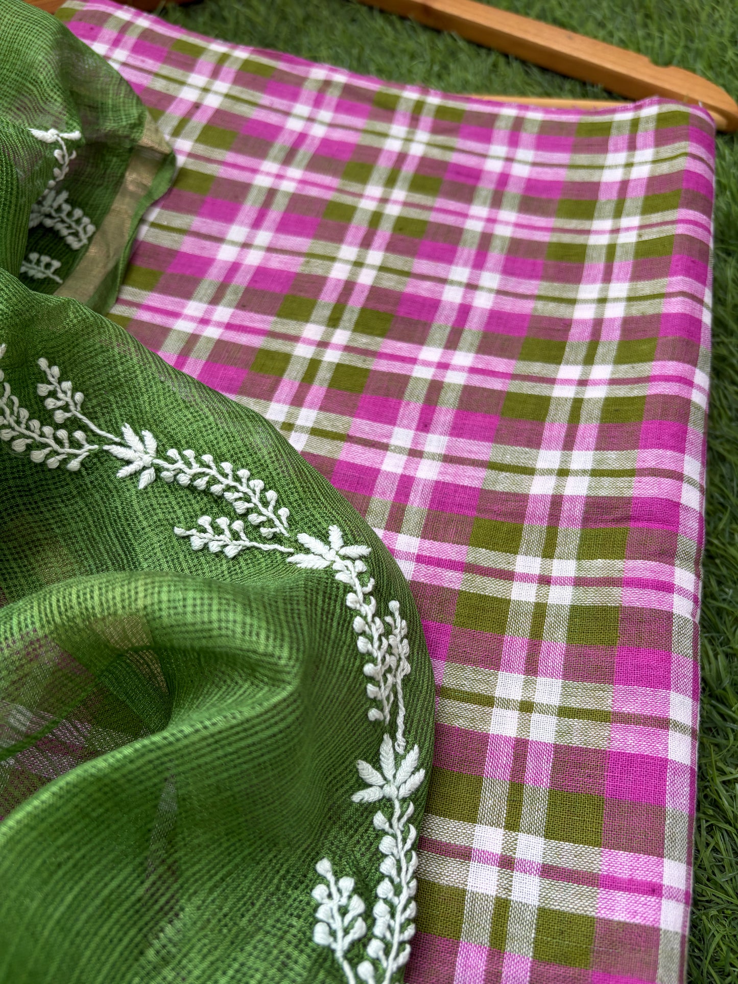 Khadi cotton checks kurta bottom chikankari dupatta