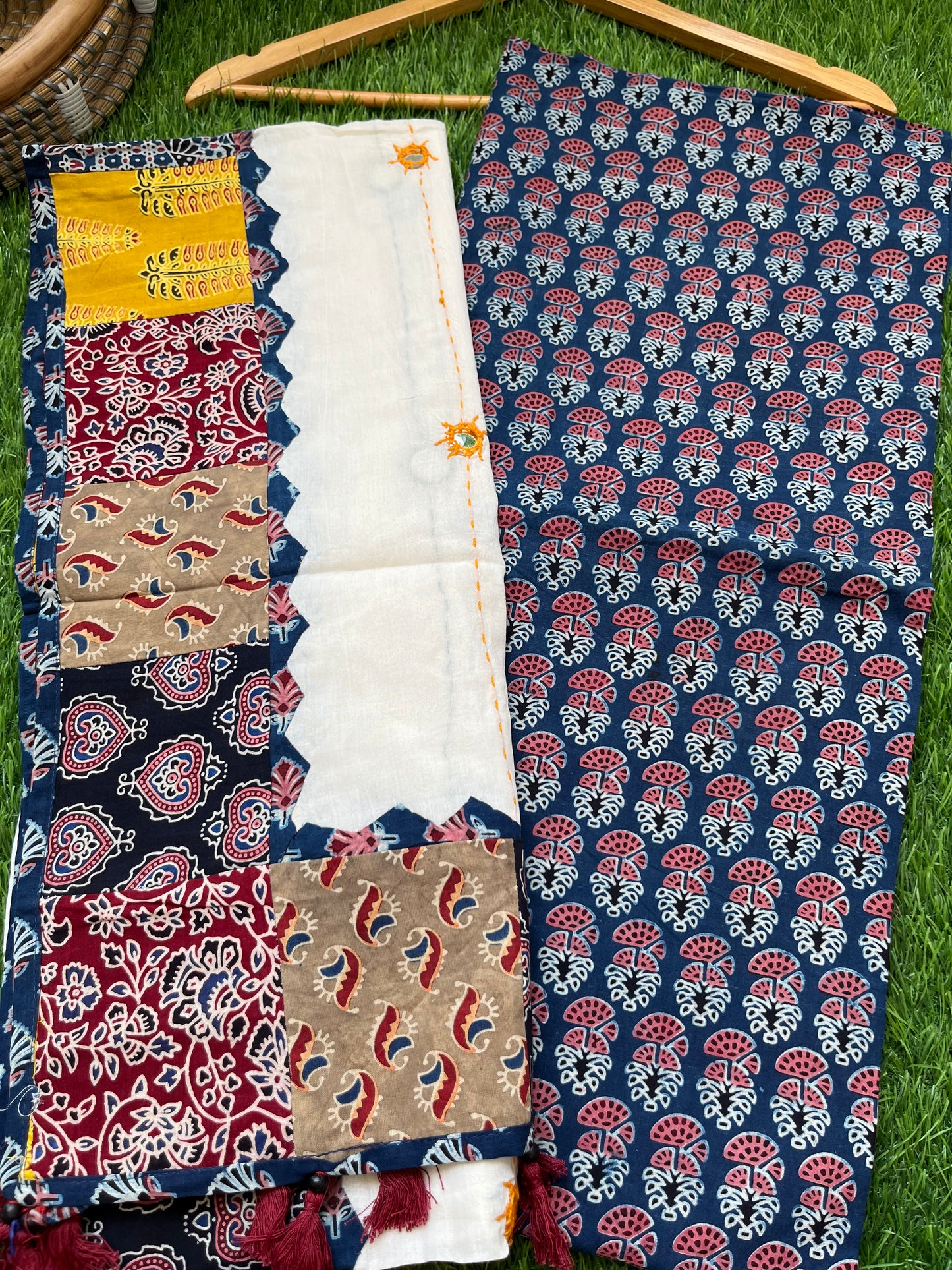 Cotton ajrakh kurta applique Mirror work dupatta set