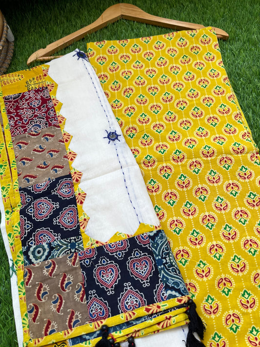 Cotton ajrakh kurta applique Mirror work dupatta set
