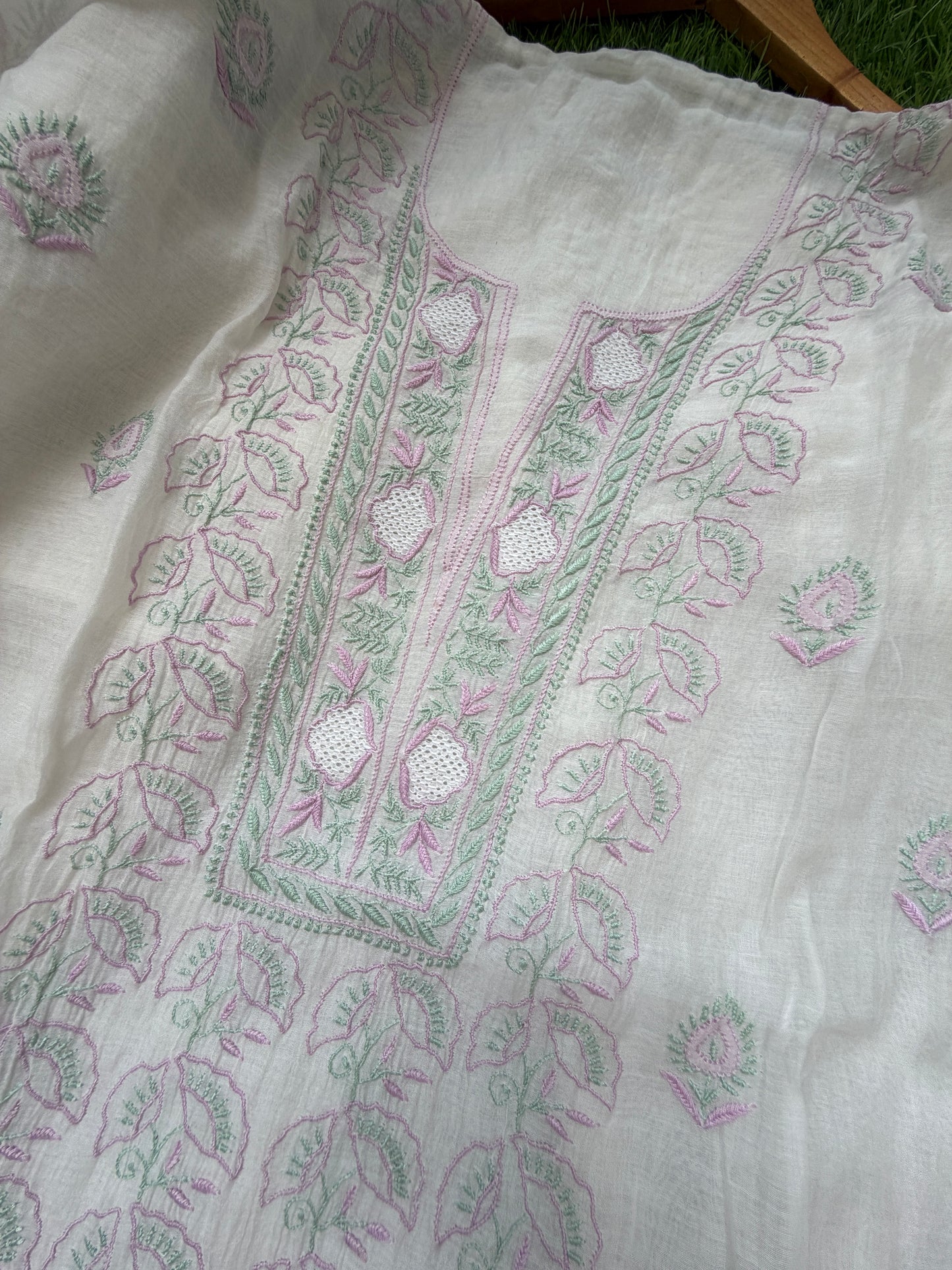 Semi stitched Chanderi Chikankari Kurta Dupatta