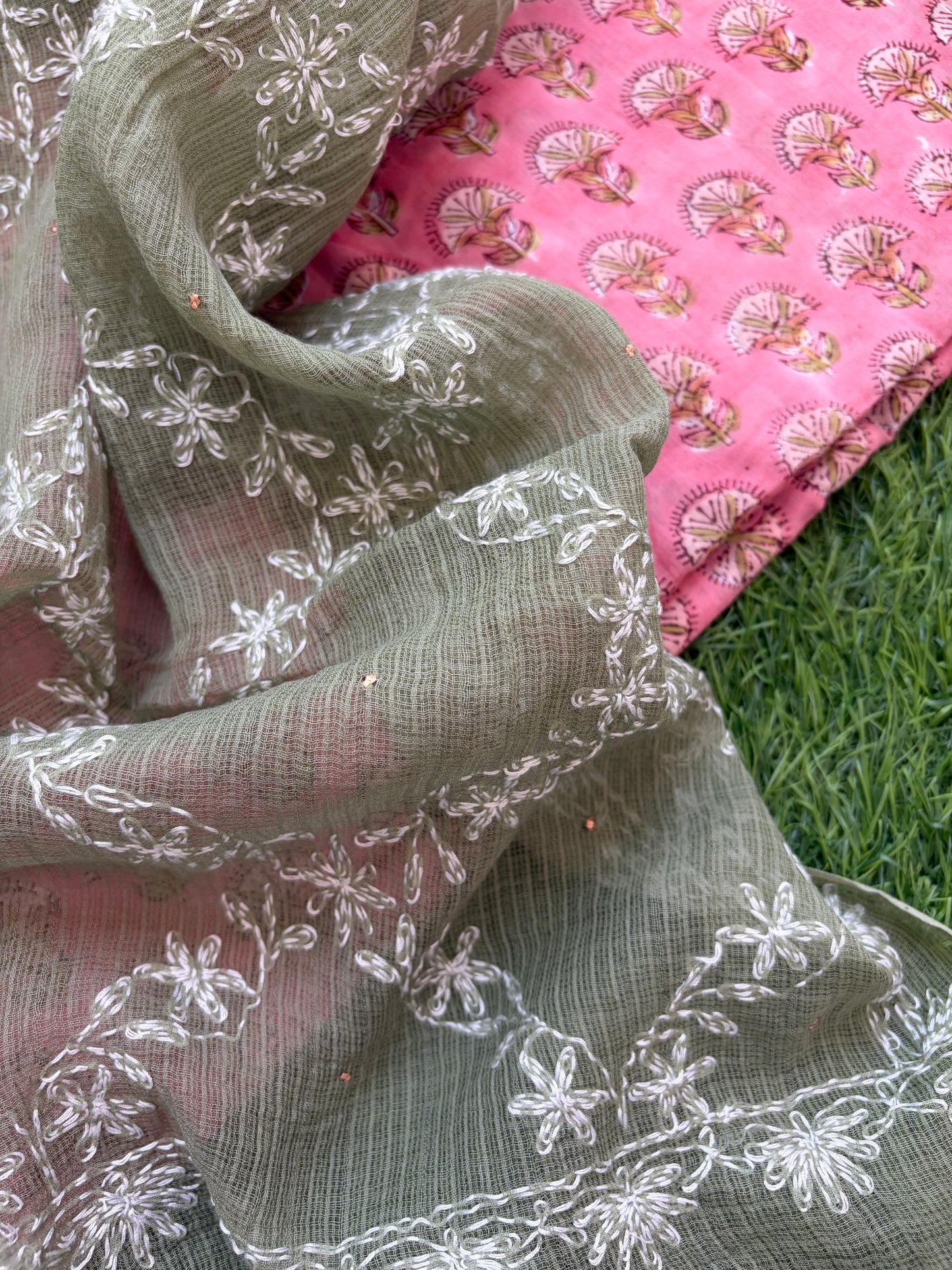 Cotton kurta bottom Kota Doria chikankari dupatta
