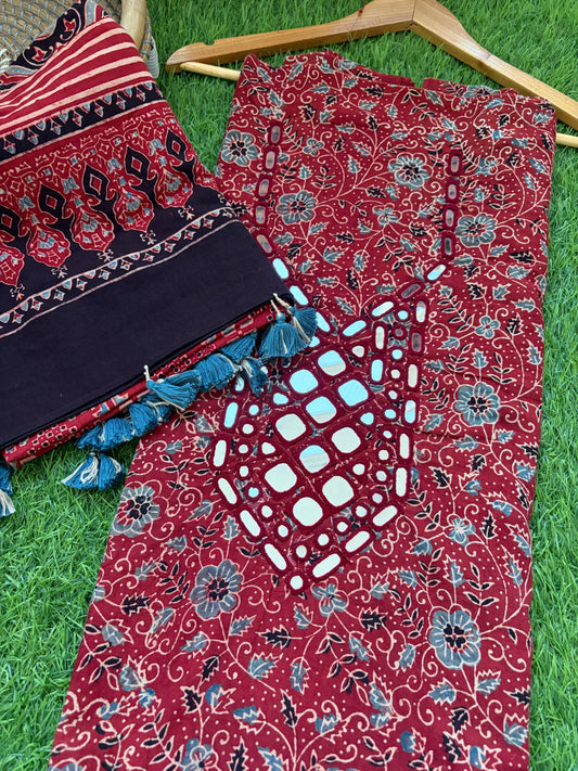 Ajrakh Cotton Mirror work kurta Dupatta