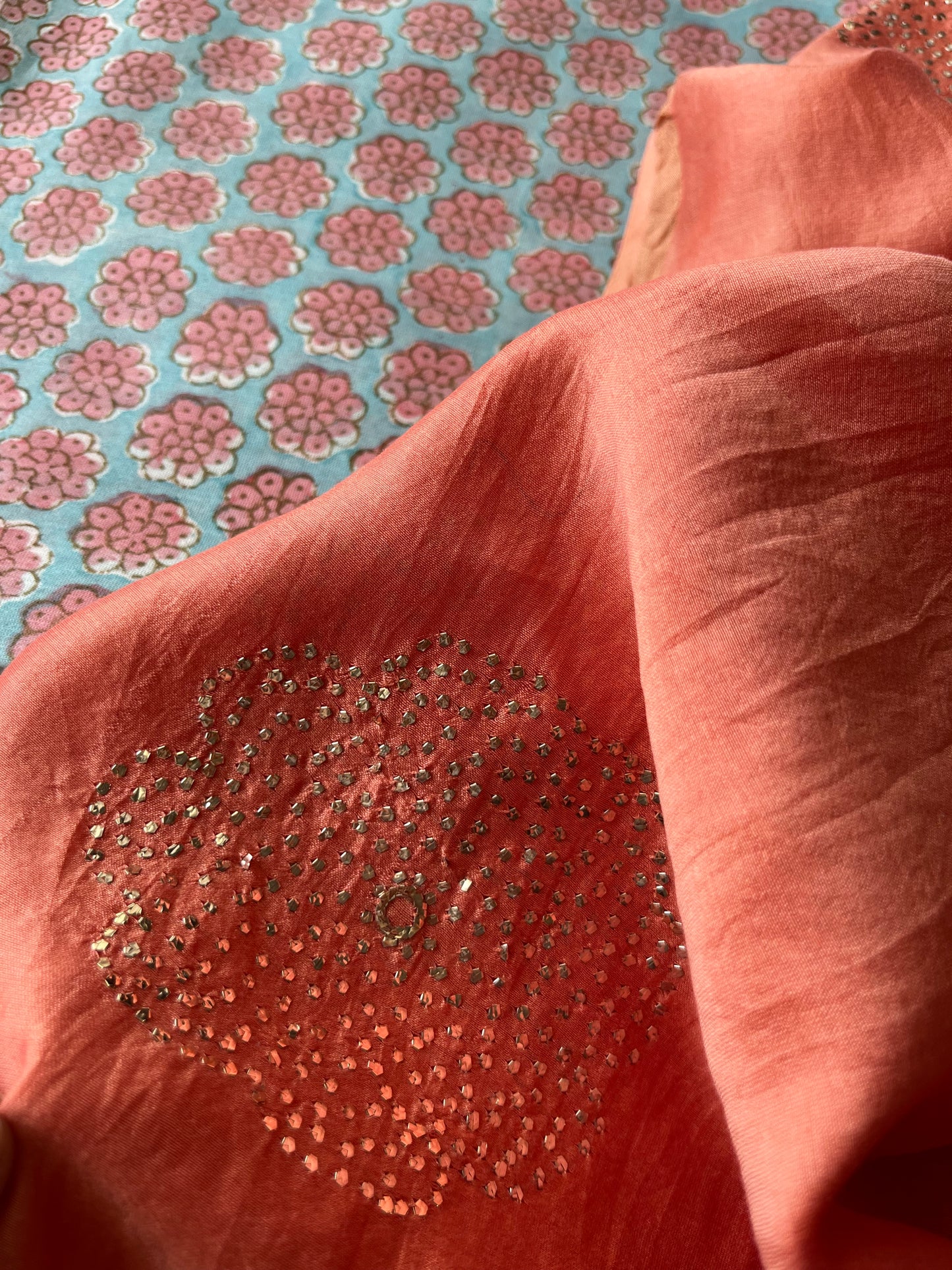 Chanderi Mukaish work Dupatta block print chanderi kurta fabric