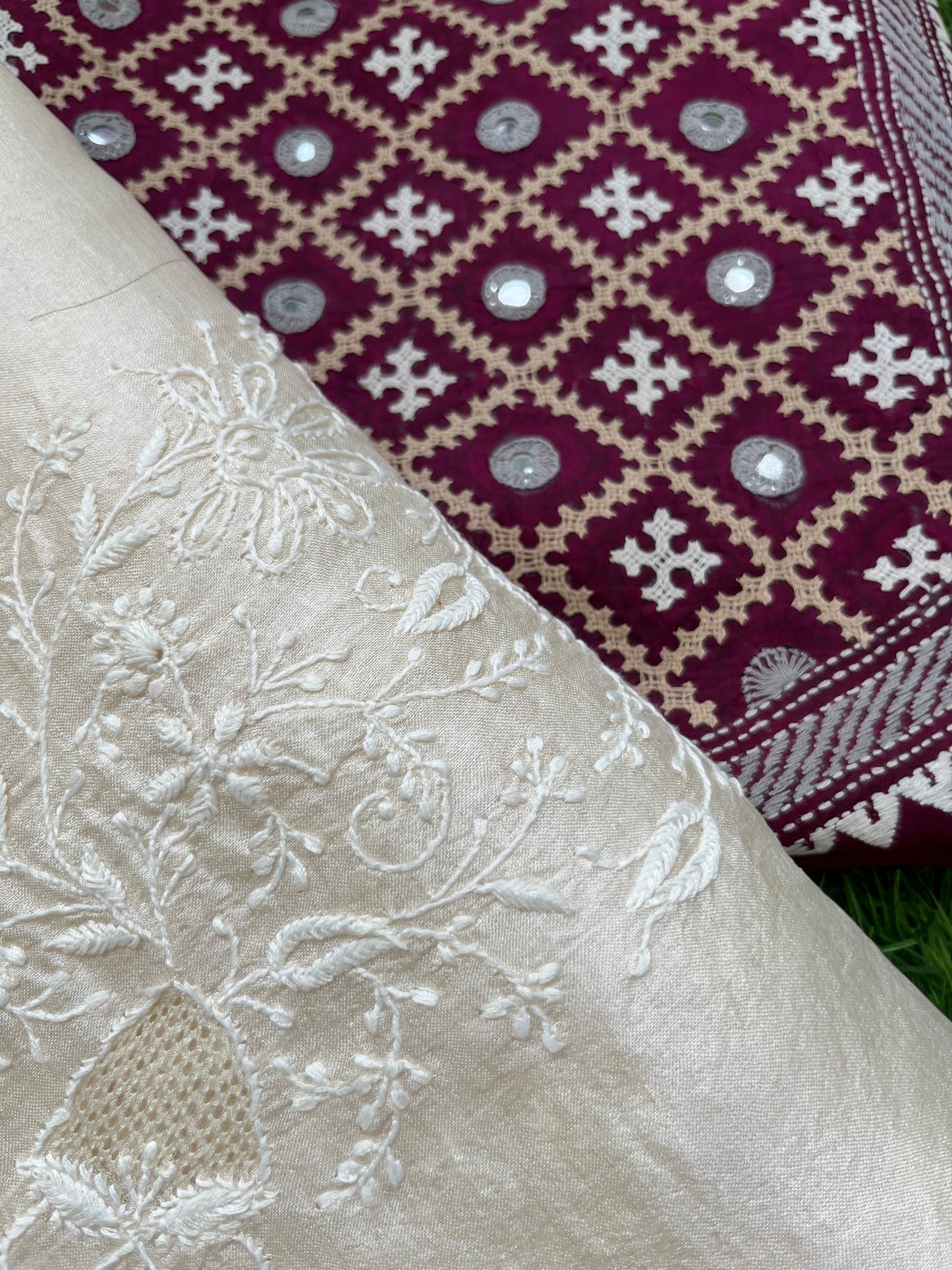 Silk sindhi work kurta fabric with silk chikankari dupatta