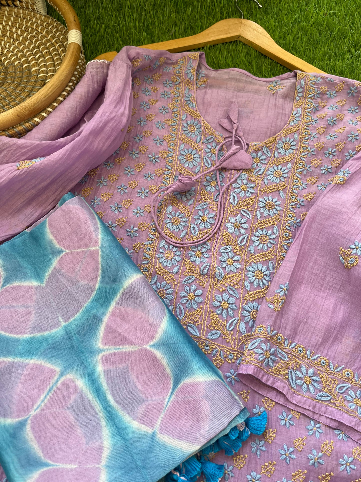 Chanderi Chikankari Kurta clamp dye Dupatta