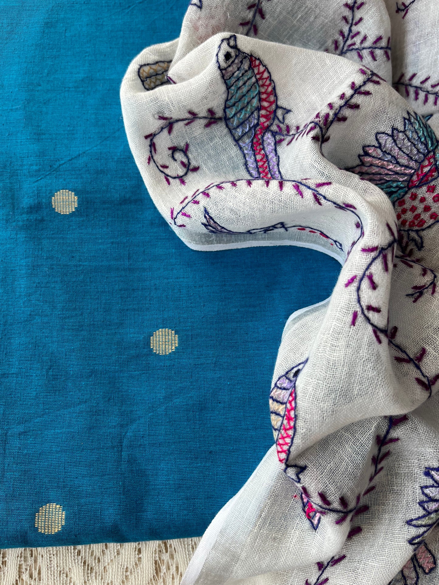 Linen sozni kaam dupatta paired with mangalgiri cotton kurta bottom fabric