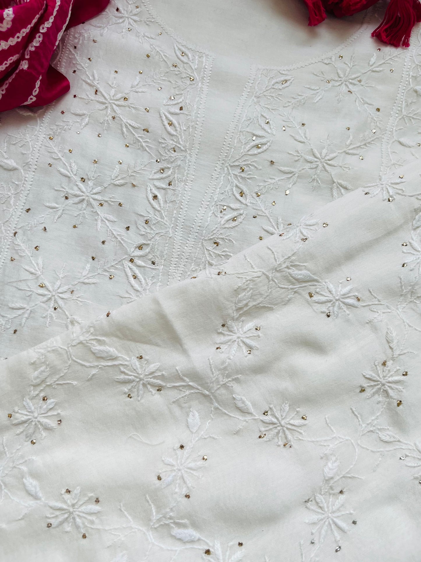 Chanderi Chikankari Kurta gajji silk bandhani Dupatta