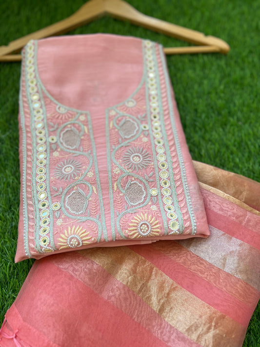 त्योहार :organza Dupatta with chanderi hand embroidered kurta bottom Fabric