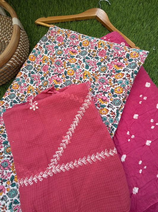 Cotton kurta bandhani bottom Kota Doria chikankari dupatta