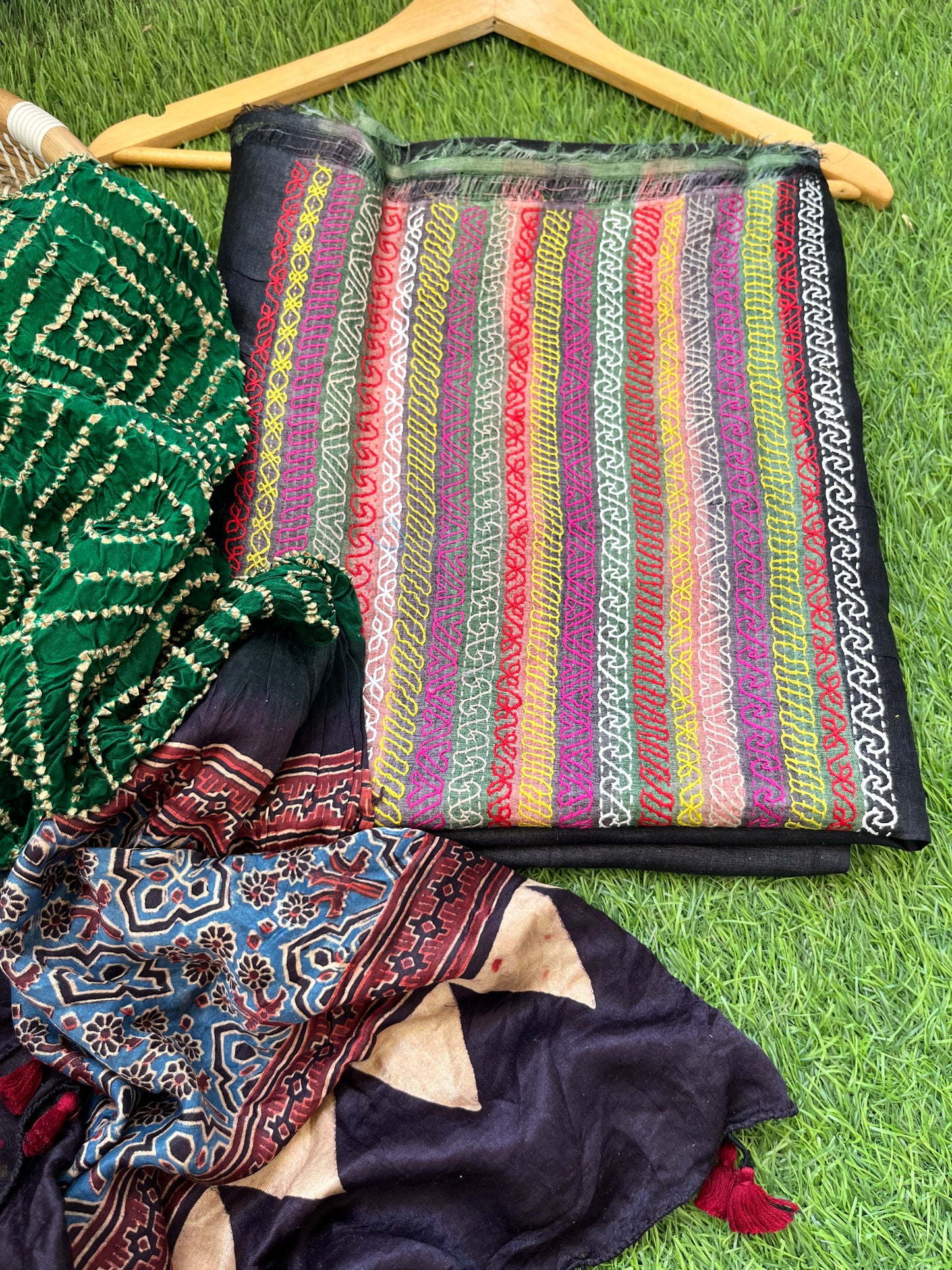 Silk kantha work kurta fabric with Bandhani ajrakh dupatta