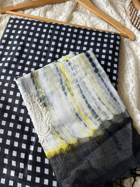 Cotton check kurta bottom fabric kota doria chikan work dupatta