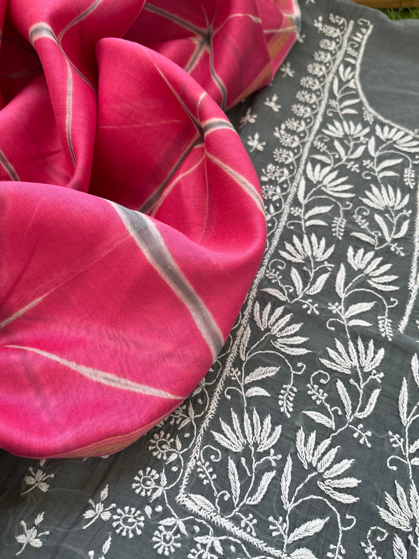 Chanderi Chikankari Kurta clamp dye Dupatta