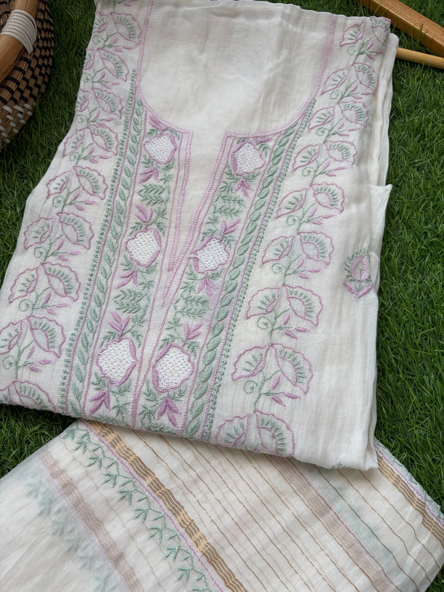 Semi stitched Chanderi Chikankari Kurta Dupatta