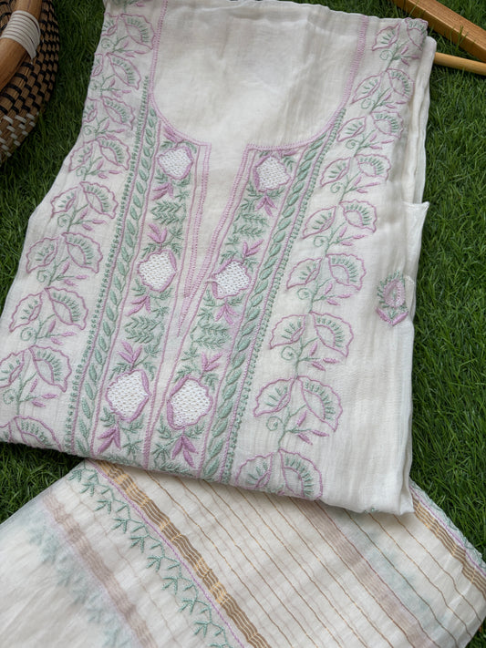 Semi stitched Chanderi Chikankari Kurta Dupatta