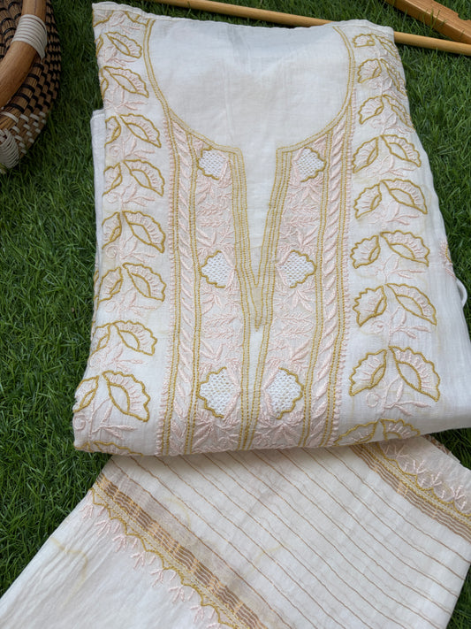 Semi stitched Chanderi Chikankari Kurta Dupatta