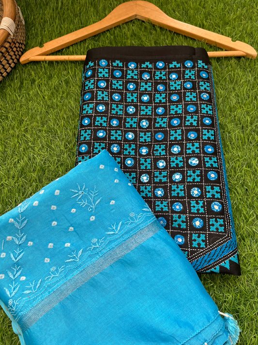 Silk sindhi work kurta fabric with Bandhani chikankari dupatta