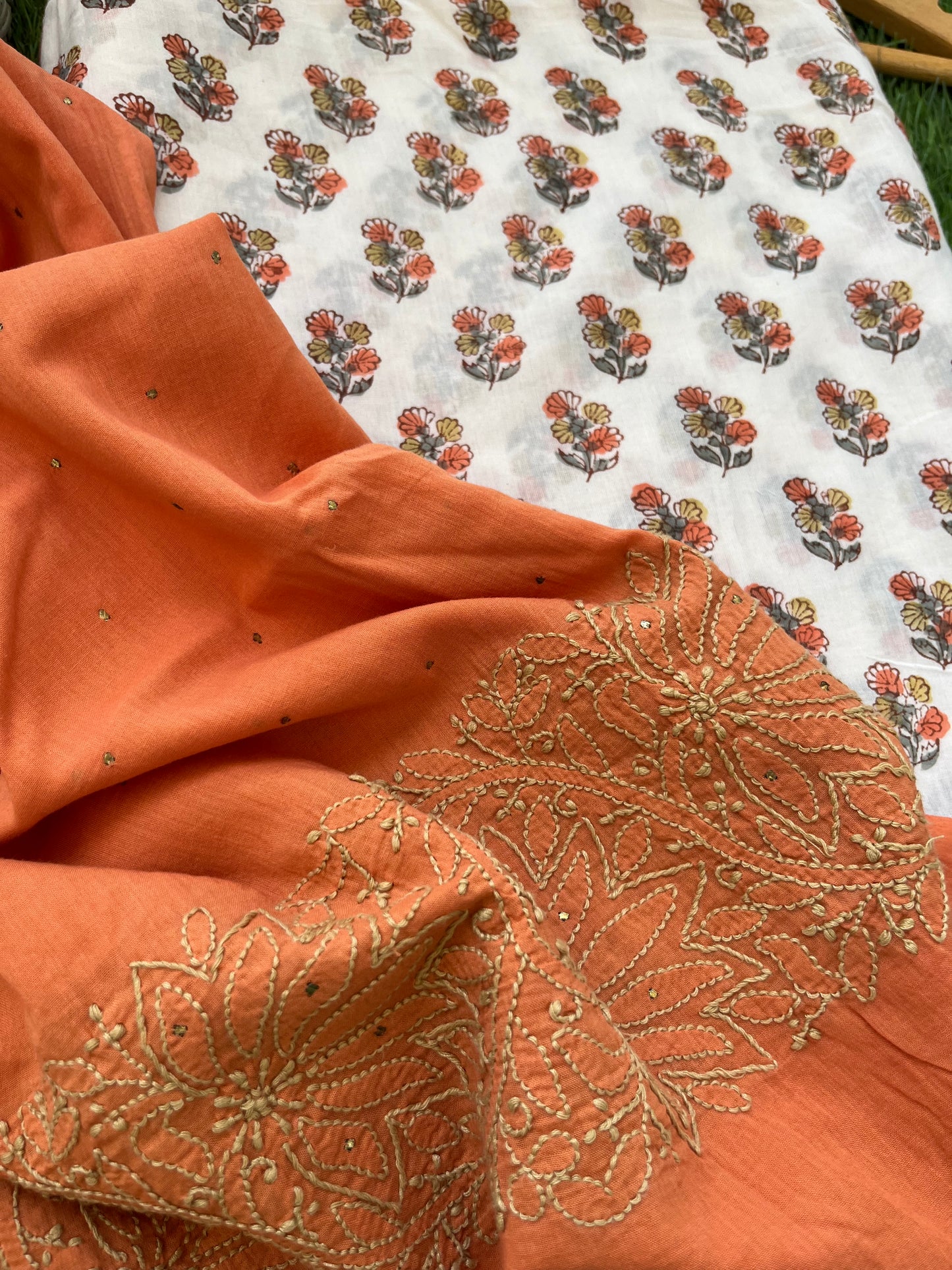 Cotton block print kurta bottom chikankari dupatta