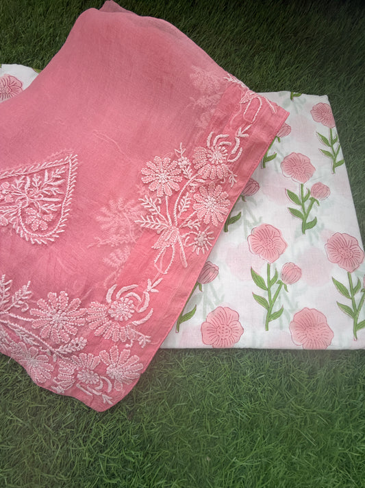 cotton print kurta bottom fabric organza chikan work dupatta