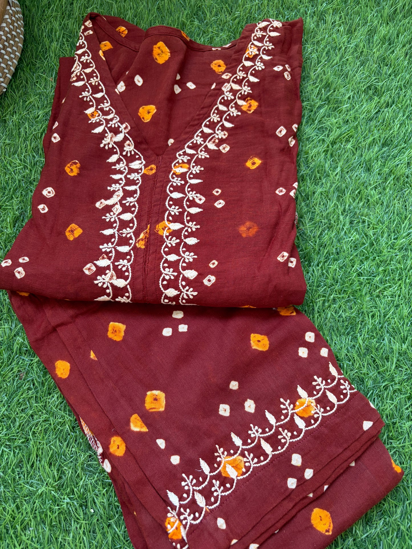 Cotton Bandhani chikan shirt and a-bottom