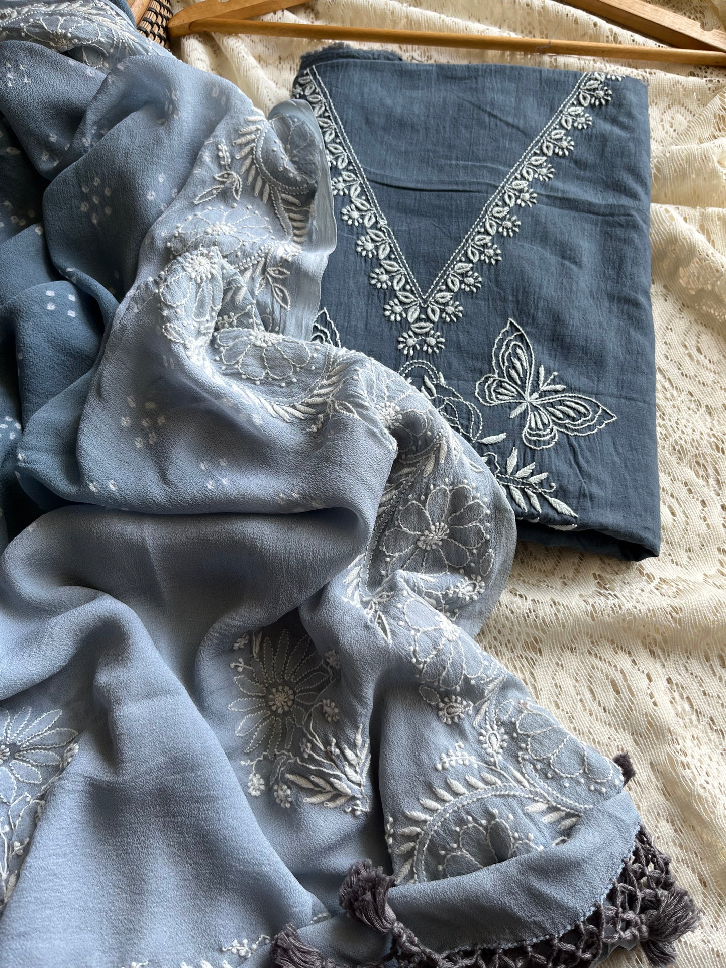 Chanderi Chikankari kurta with tussar dupatta