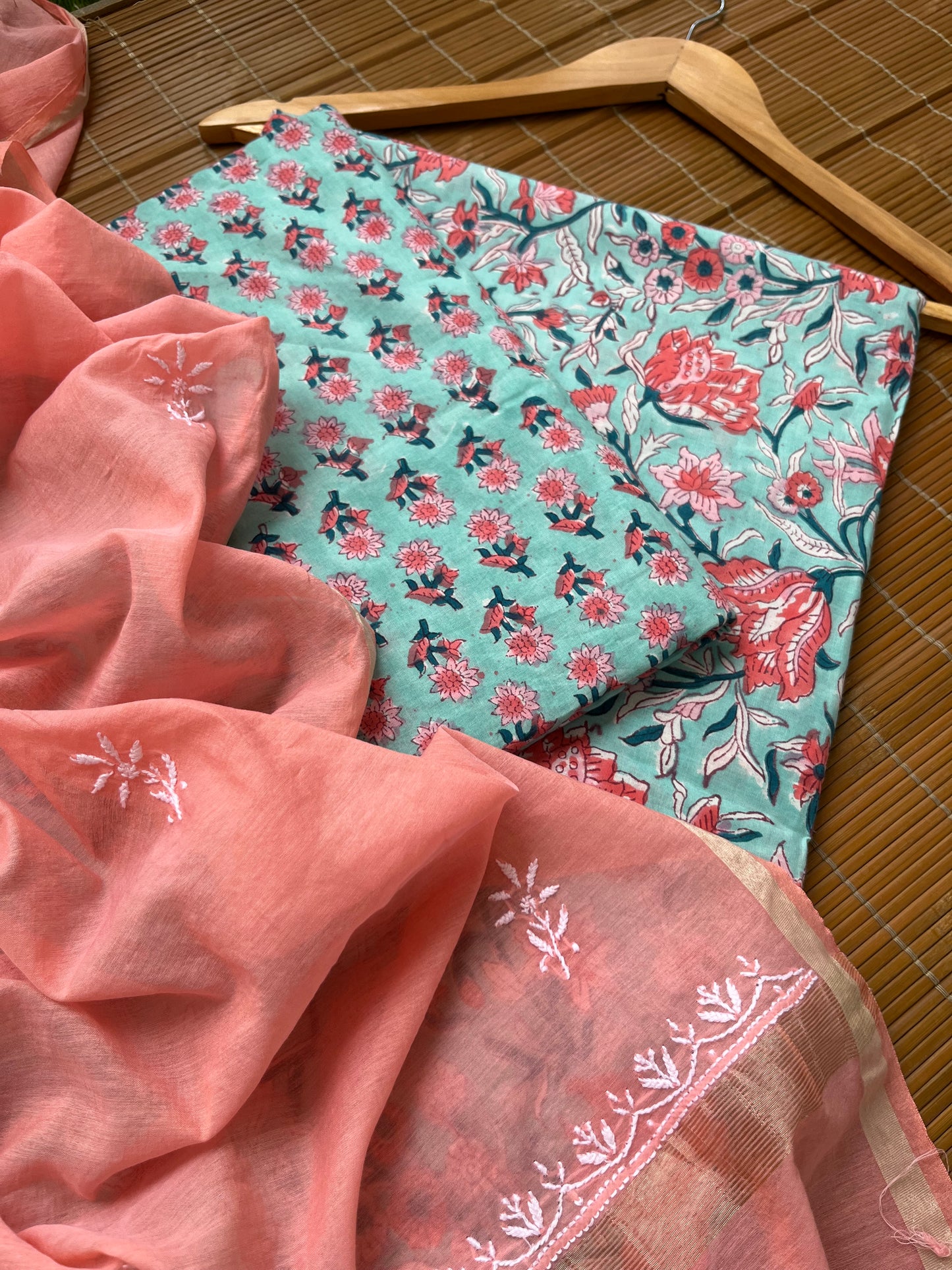 Chanderi Chikankari Dupatta with print kurta bottom Fabric