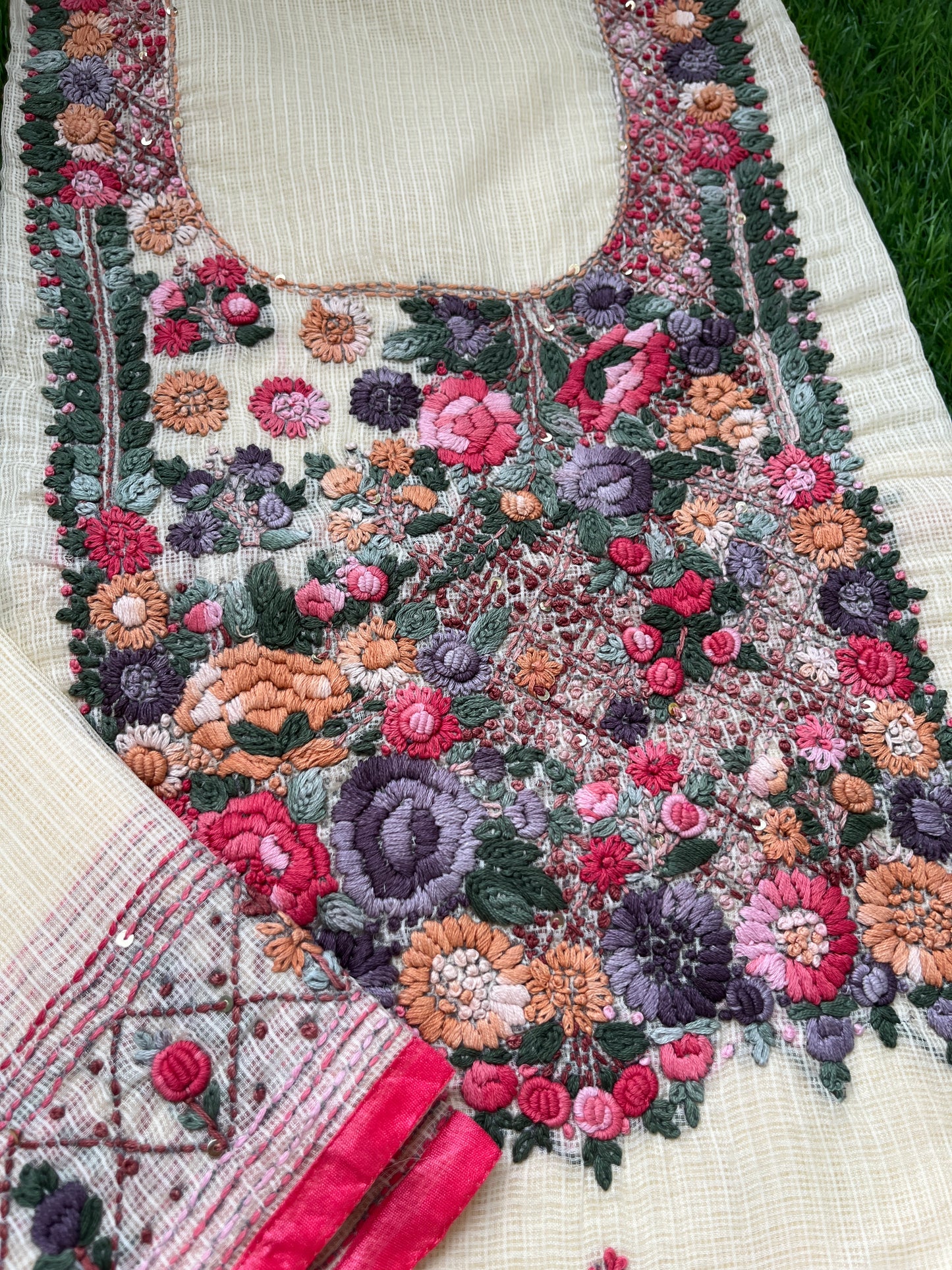 Kota hand embroidered kurta dupatta and plain bottom fabric