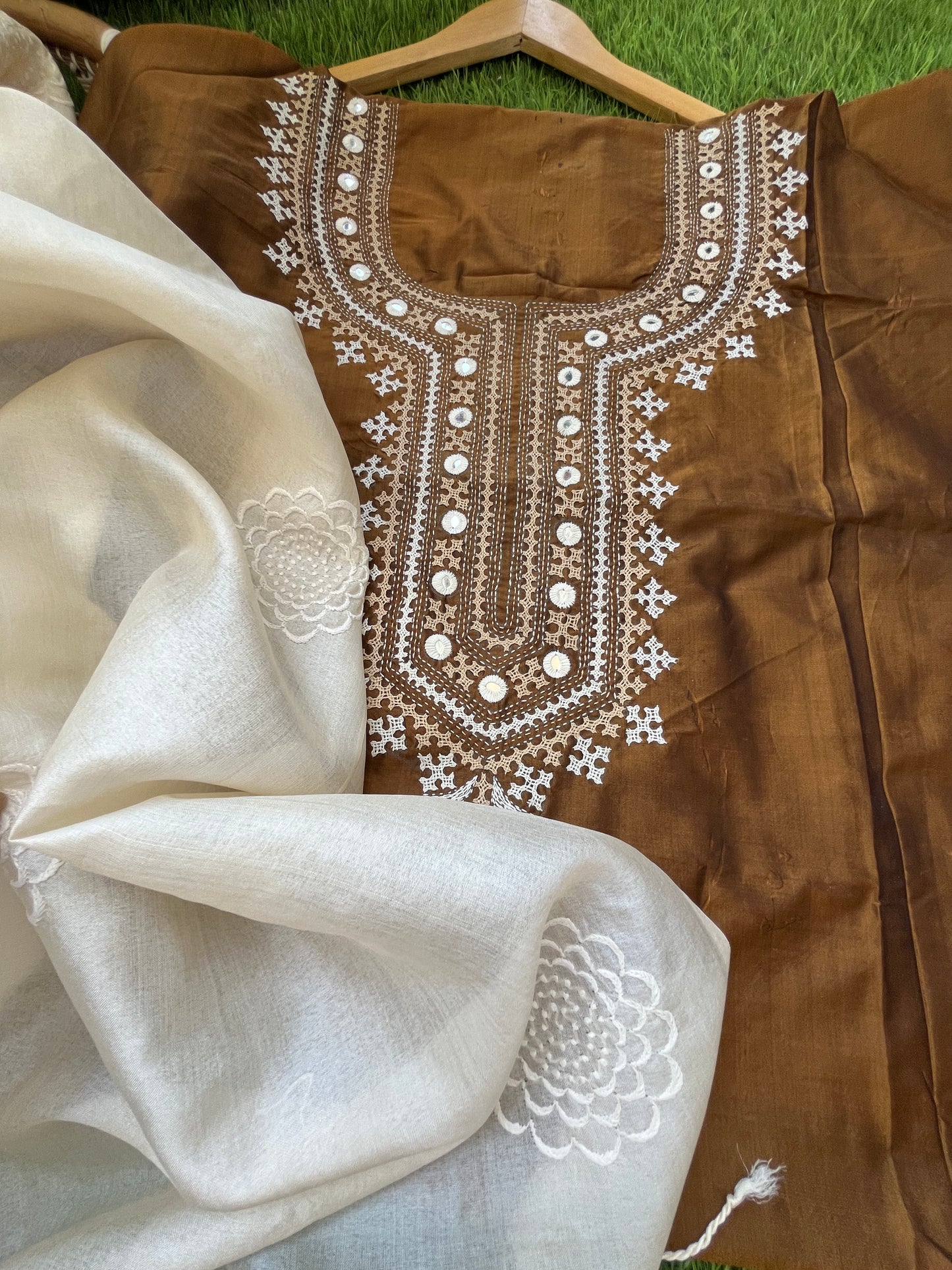 Silk sindhi work kurta fabric with silk chikankari dupatta