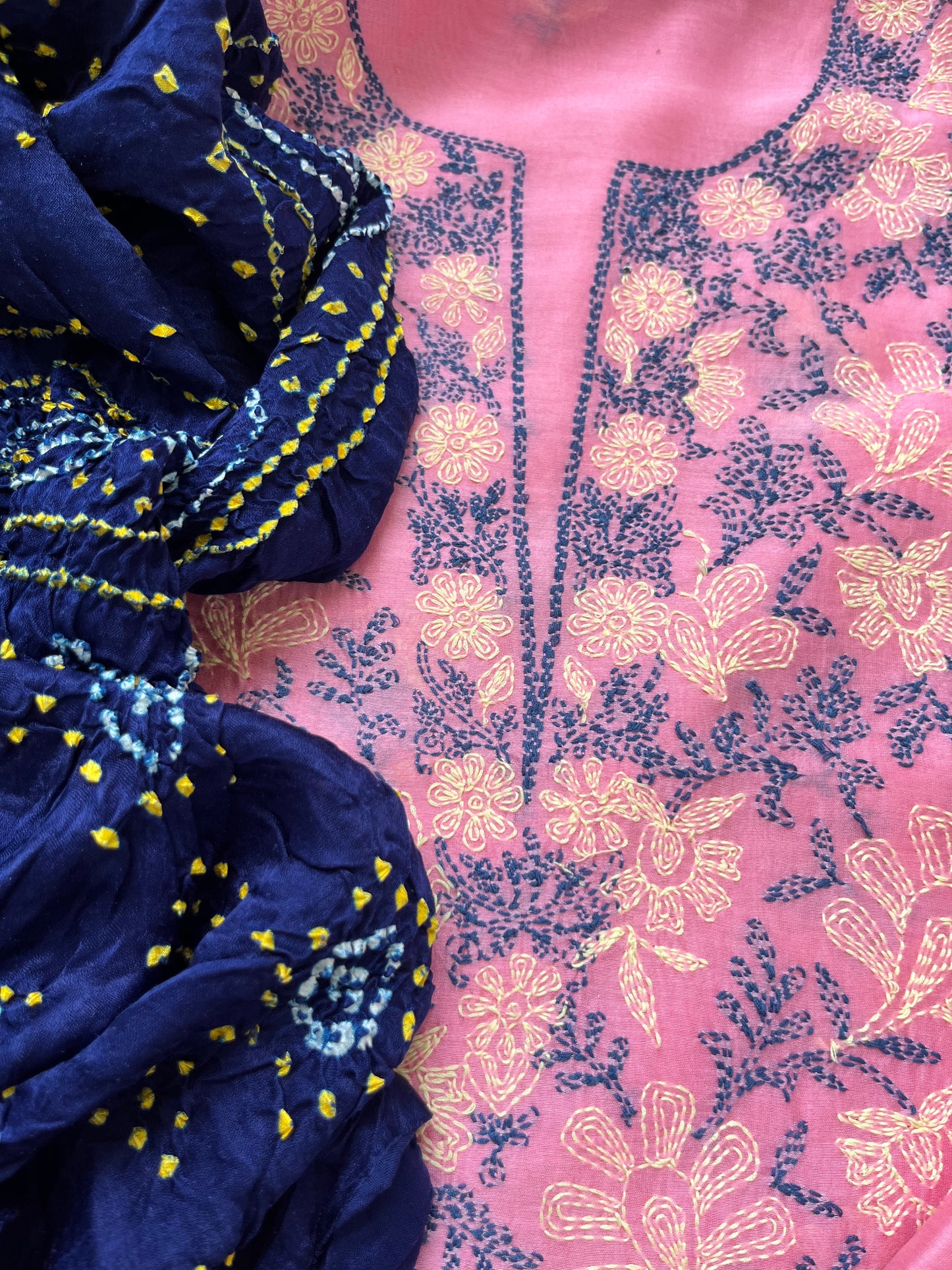 Chanderi Chikankari Kurta gajji silk bandhani Dupatta