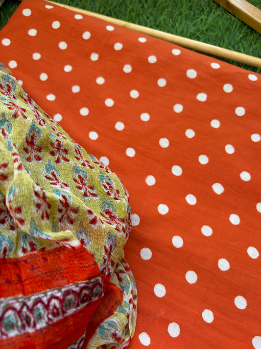 Block print polka kurta fabric chiffon dupatta