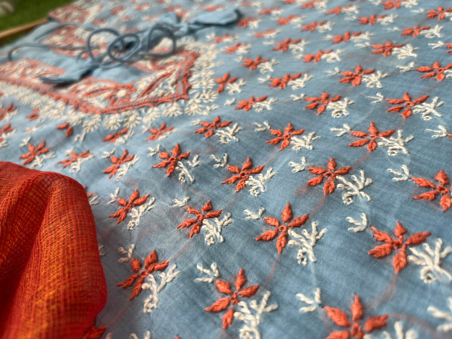 Chanderi Chikankari Kurta kota tissue Dupatta