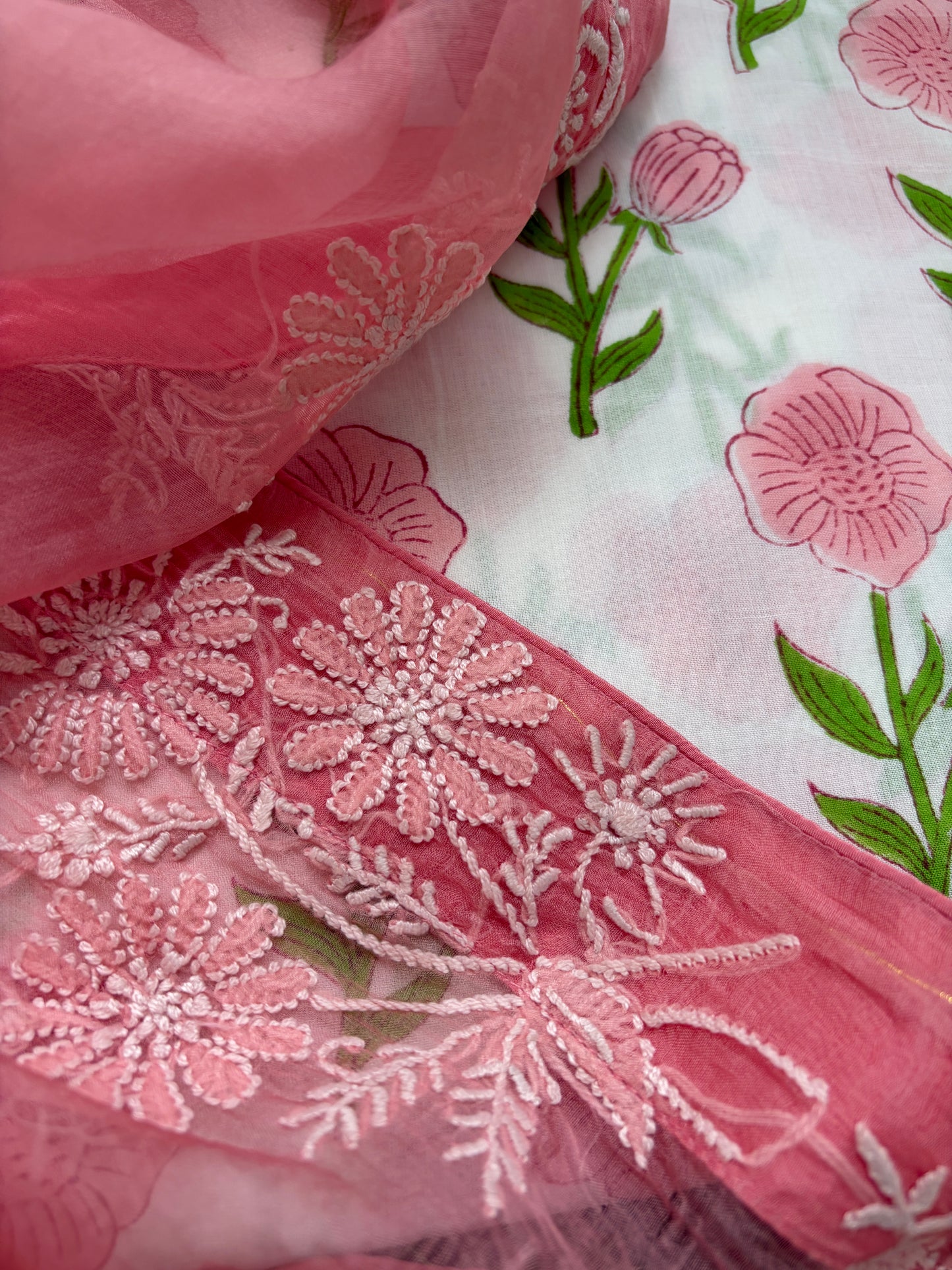 cotton print kurta bottom fabric organza chikan work dupatta