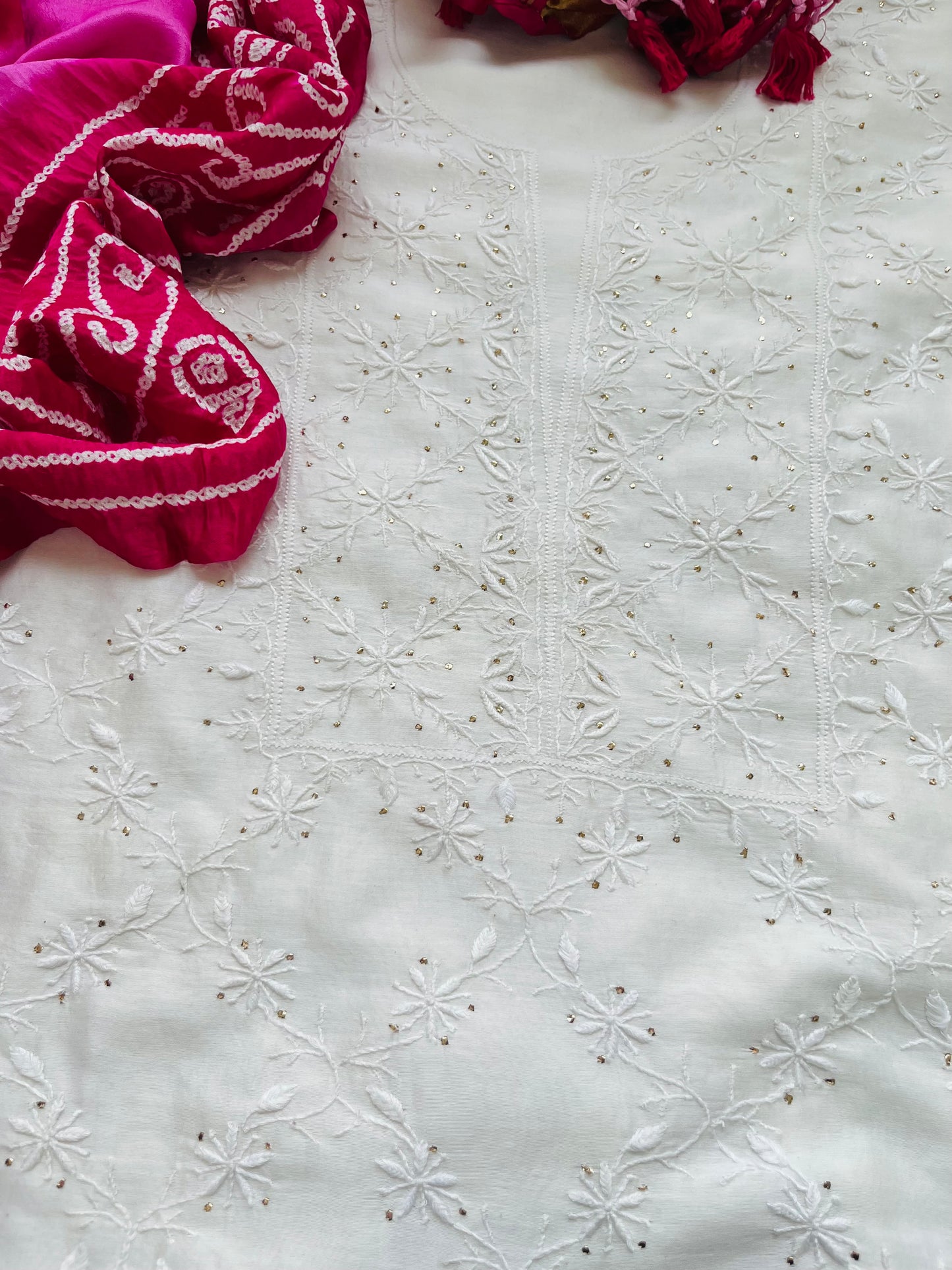Chanderi Chikankari Kurta gajji silk bandhani Dupatta