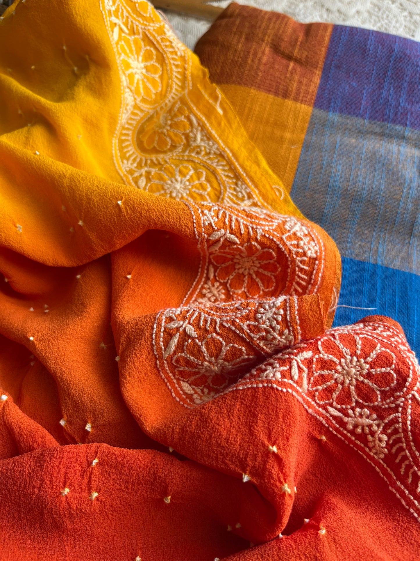 Cotton kurta bottom pure georgette chikankari bandhani dupatta