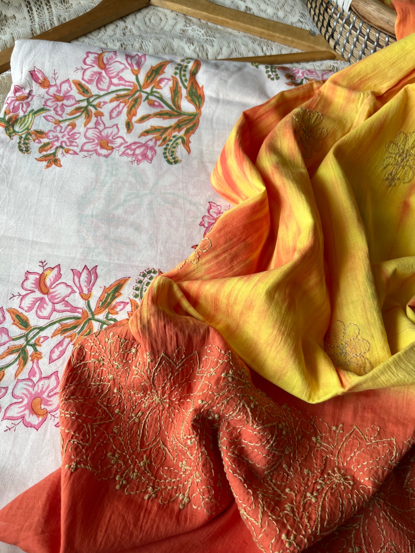 Cotton block print kurta chikankari dupatta