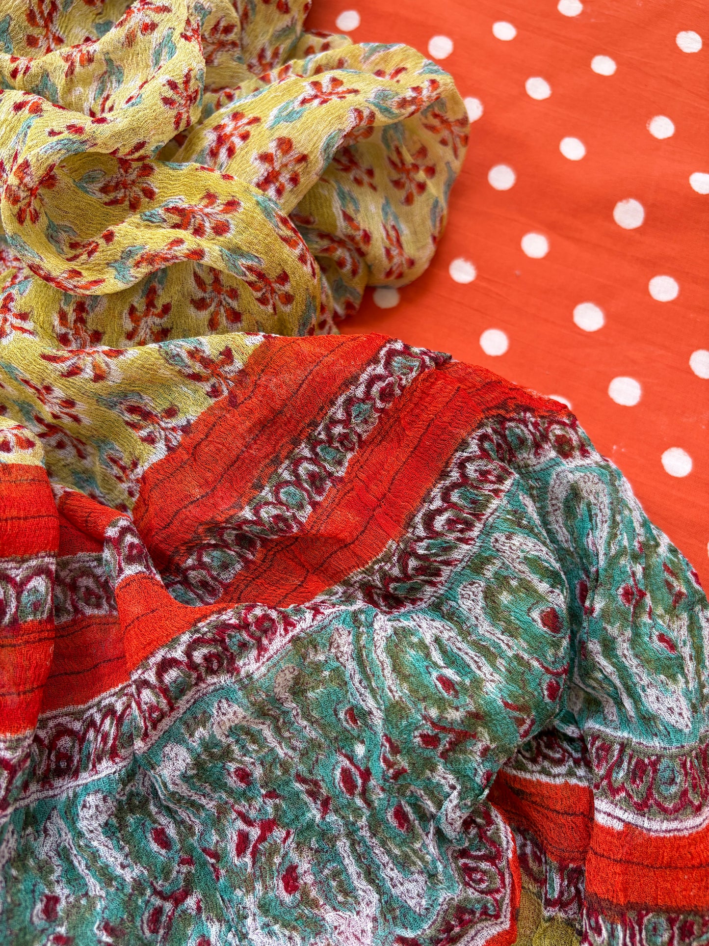 Block print polka kurta fabric chiffon dupatta