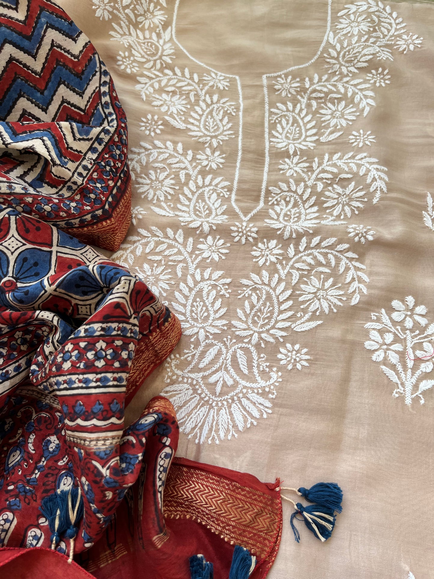 Chanderi Chikankari Kurta ajrakh Dupatta