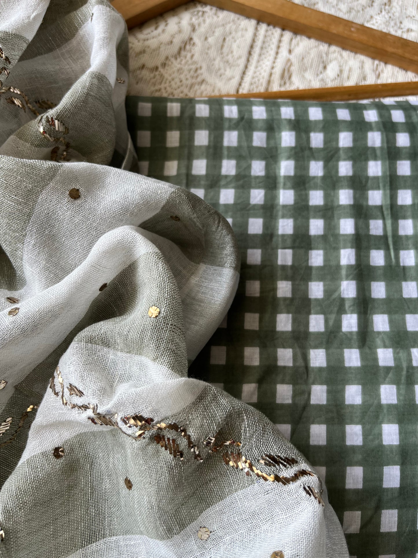 Linen Mukaish work Dupatta check fabric
