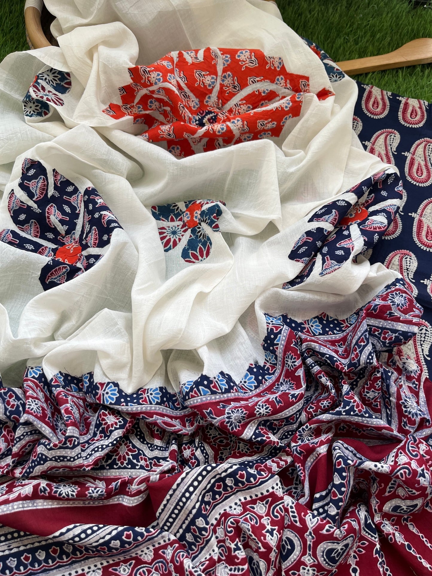 Cotton ajrakh kurta applique work dupatta set