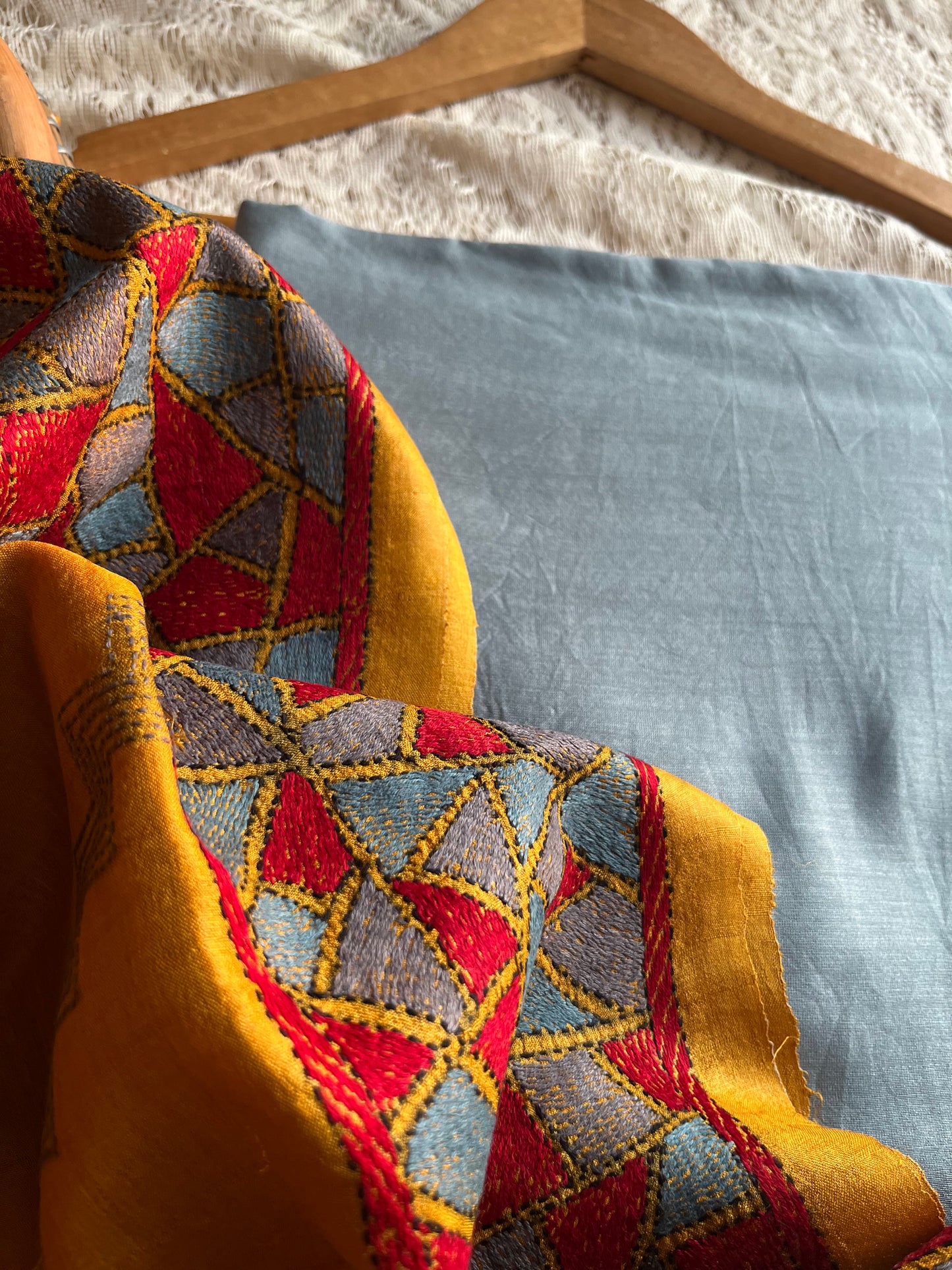 Silk Kantha Dupatta with chanderi silk kurta Bottom fabric