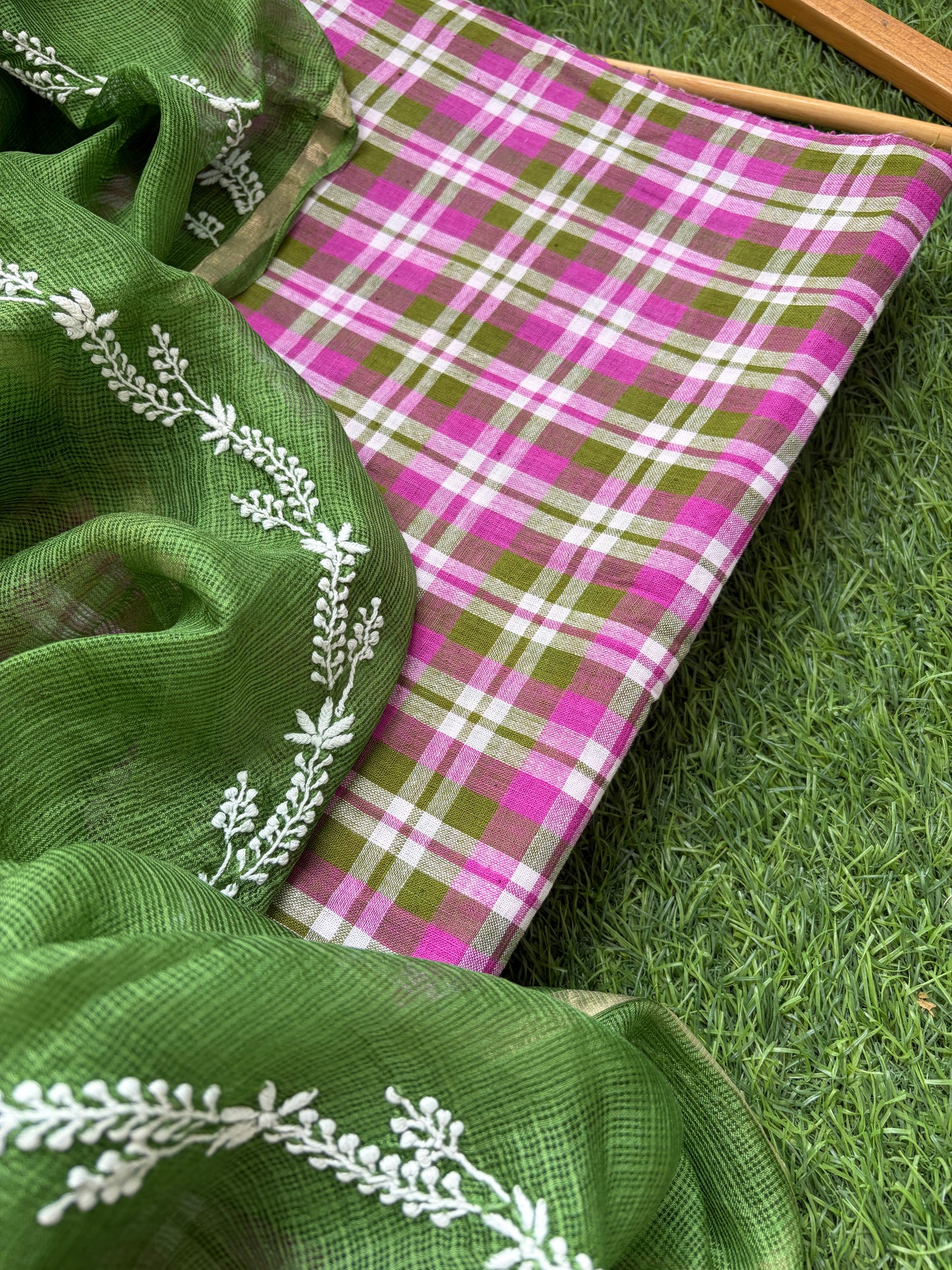 Khadi cotton checks kurta bottom chikankari dupatta