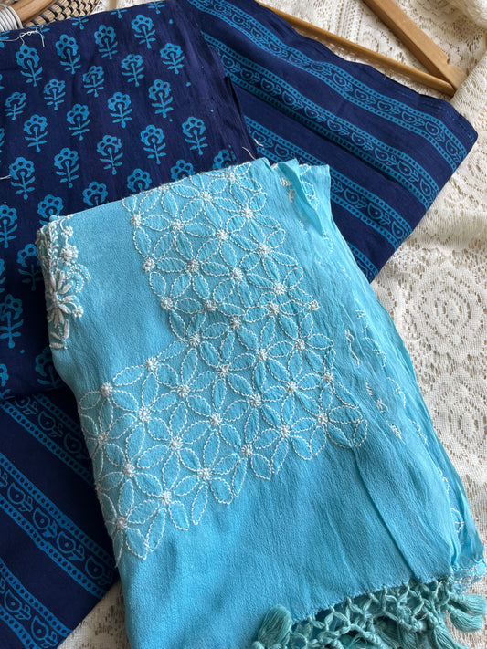 Cotton kurta bottom pure georgette chikankari bandhani dupatta