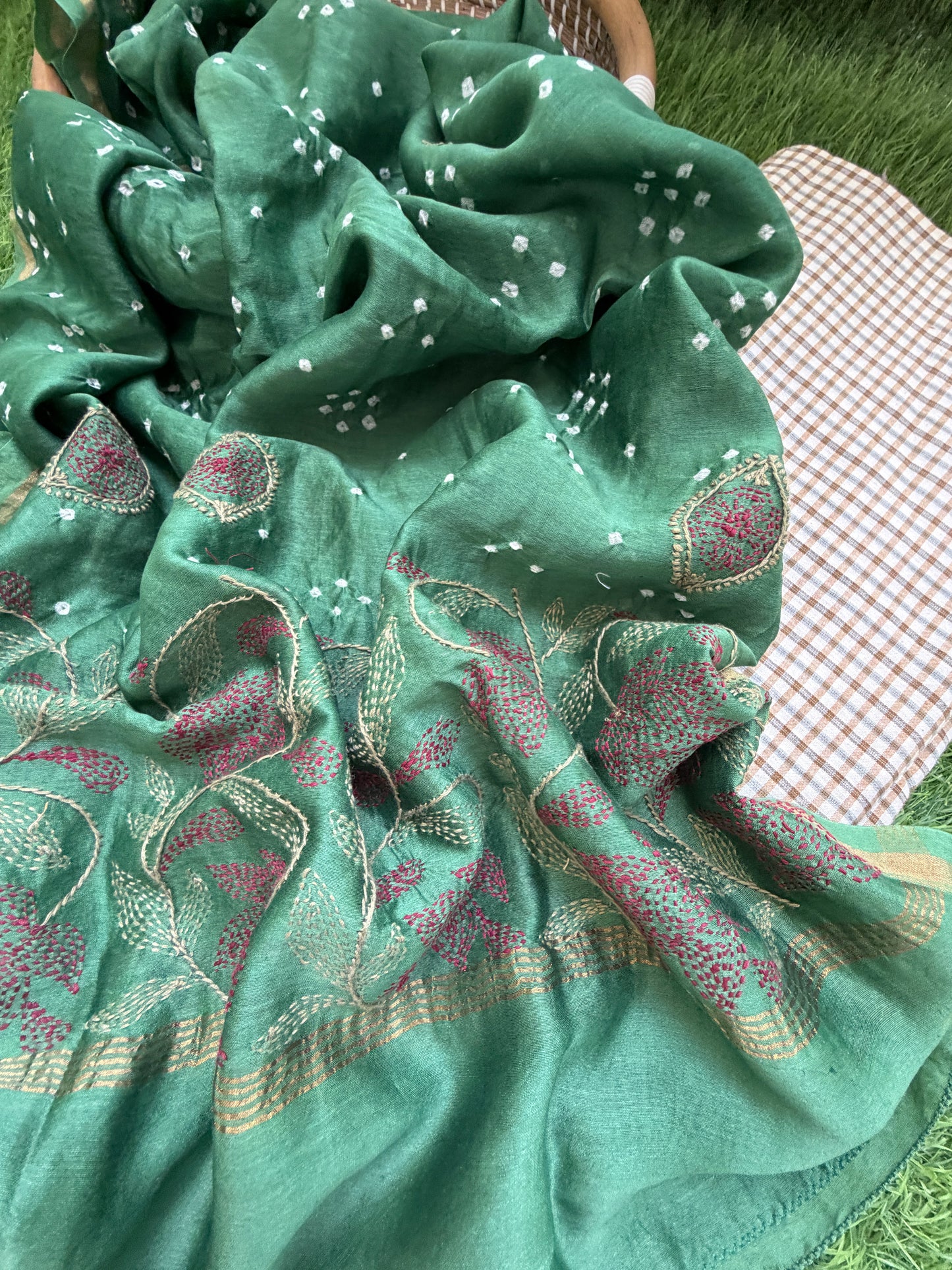 Khadi check kurta bottom pure chanderi bandhani chikankari dupatta