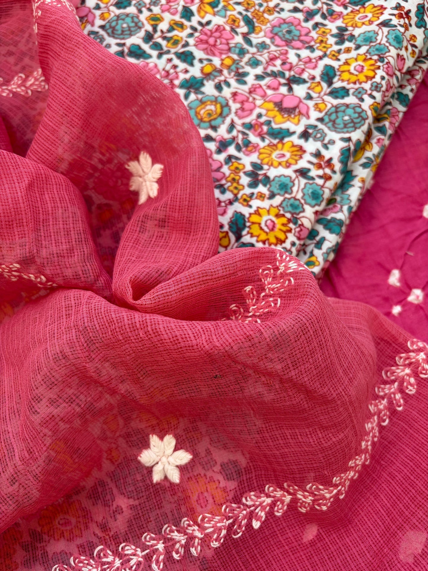 Cotton kurta bandhani bottom Kota Doria chikankari dupatta