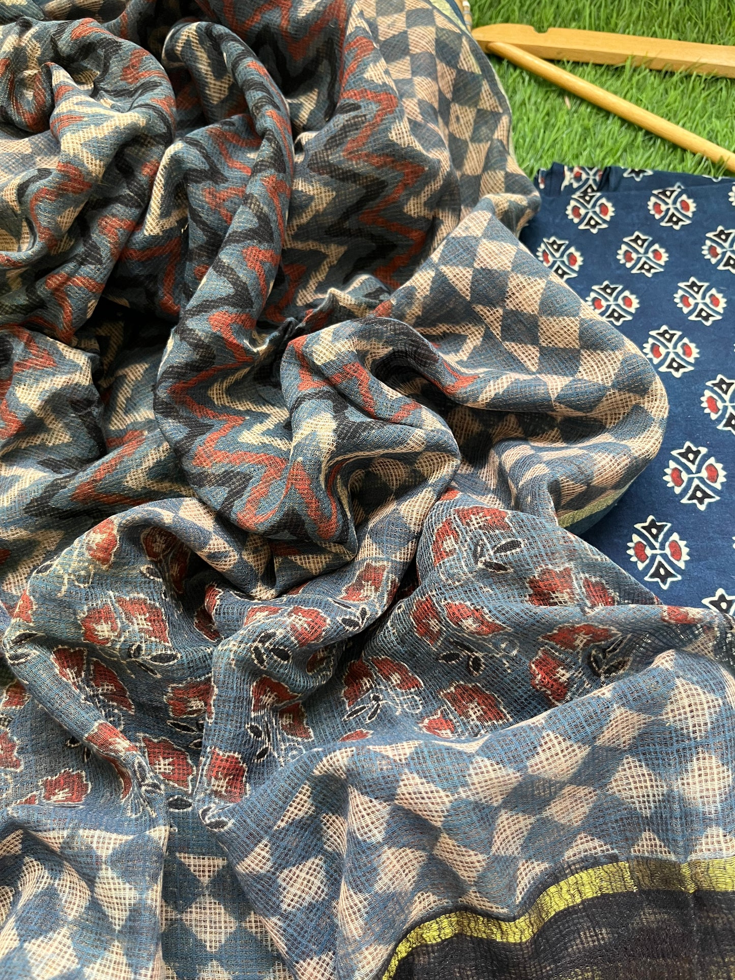Cotton block print kurta bottom kota doria ajrakh dupatta