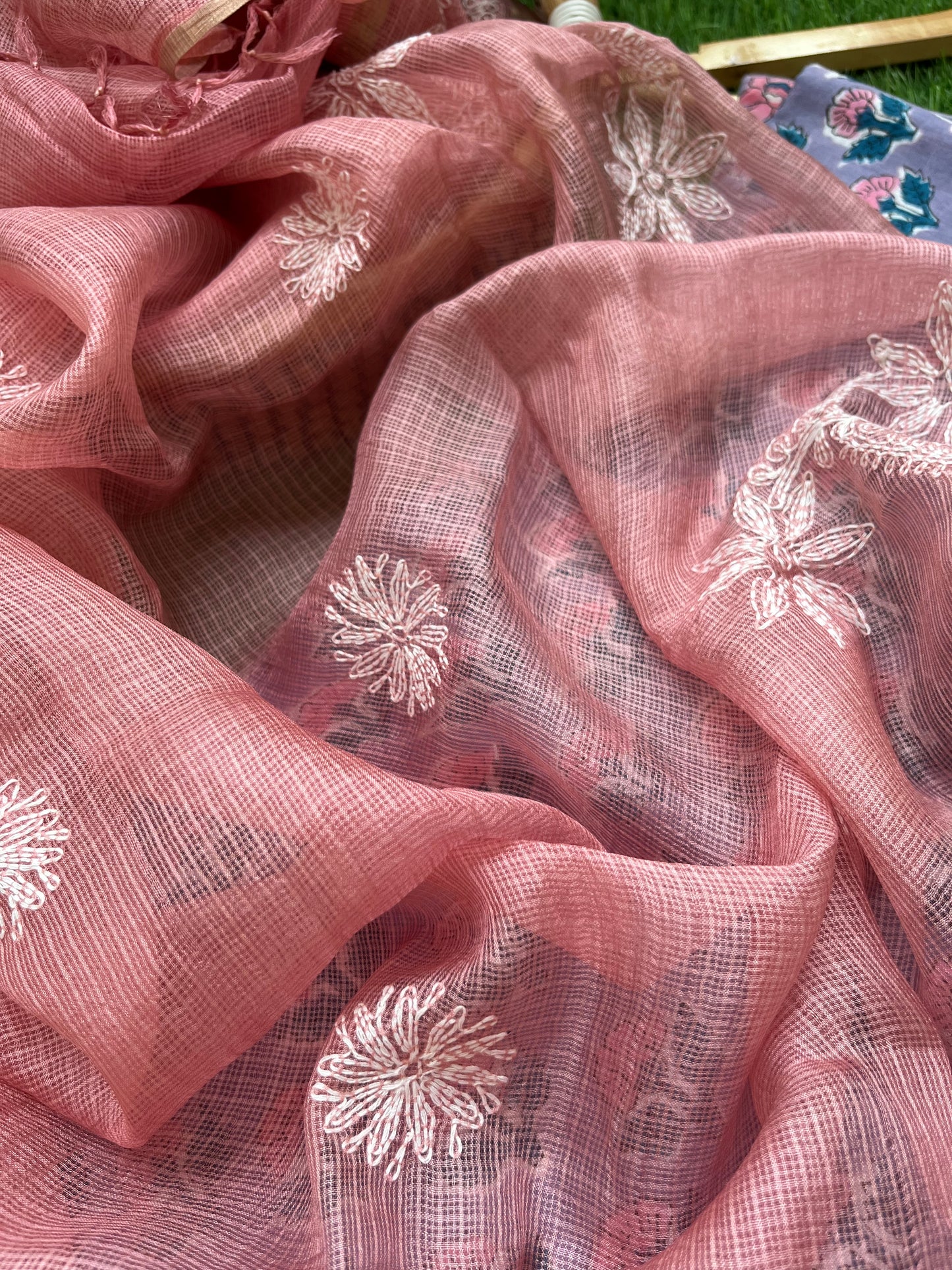 Kota silk Chikankari Dupatta with cotton kurta bottom Fabric