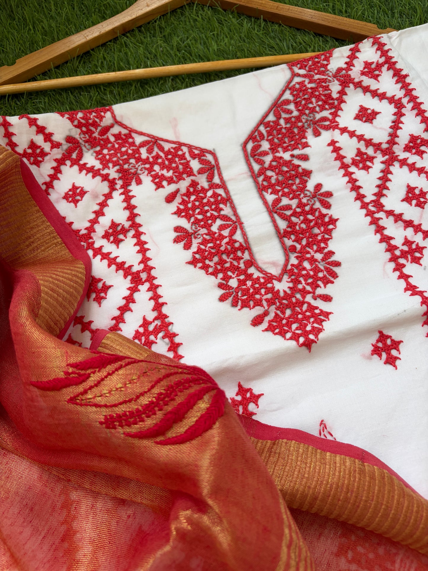 Cotton sindhi work kurta fabric with linen chikankari dupatta