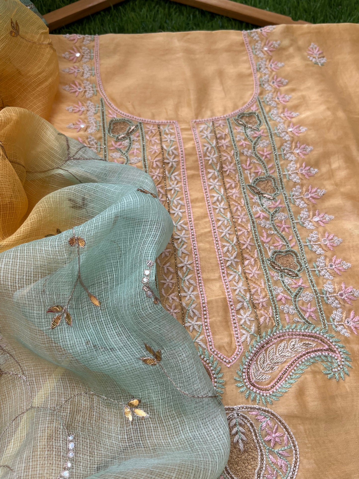 Hand embroidered chanderi kurta kota silk chikan work dupatta